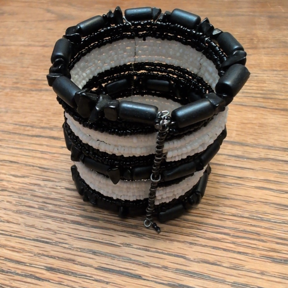 Black and White Beaded Multi Strand Memory Wire Wrap Cuff Bracelet Boho Style - Picture 2 of 4